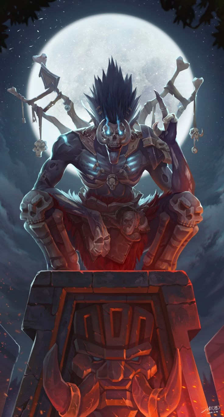 an illustration of a demonic demon sitting on top of a tower with his hands in the air