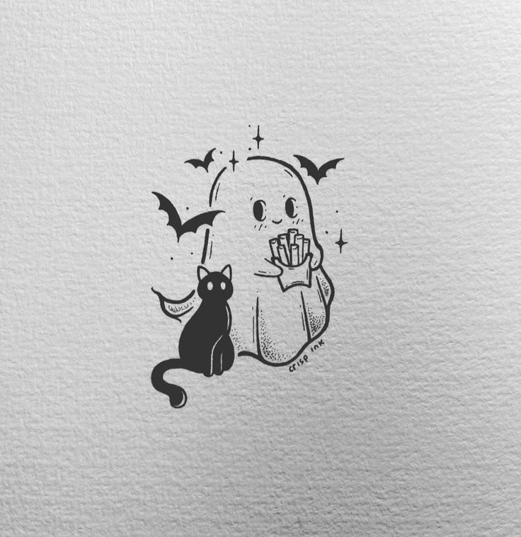 a black and white drawing of a cat sitting next to a bat with bats on it