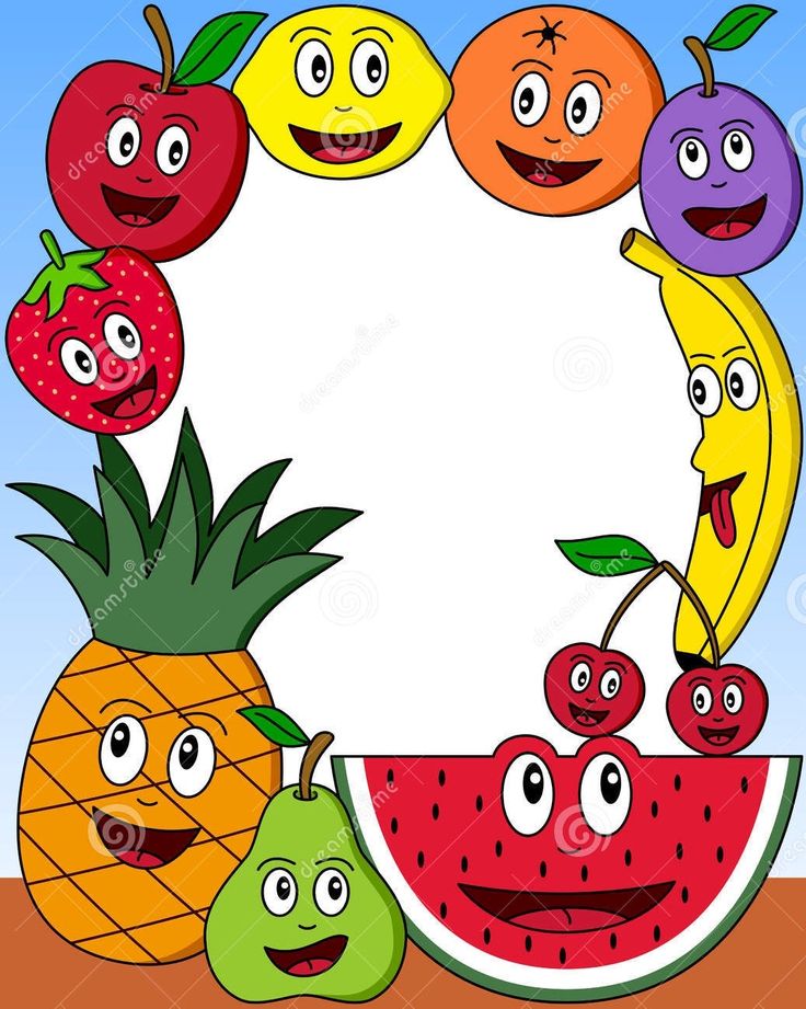 cartoon fruits with faces around the frame