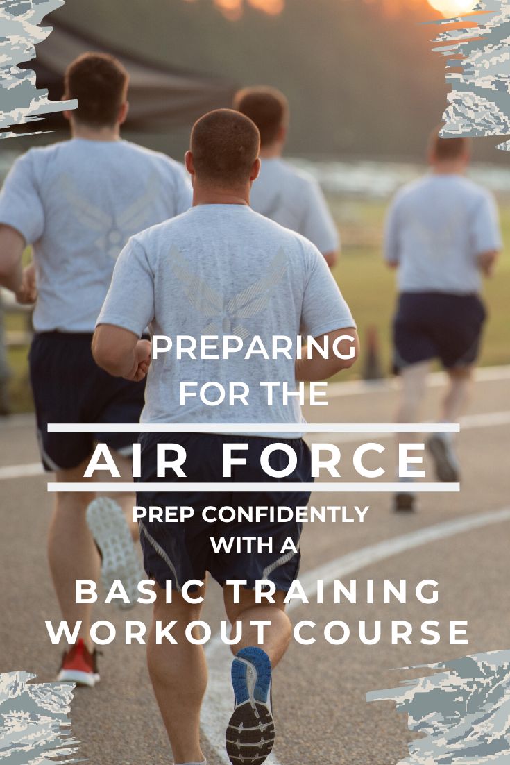 two men running on a track with the text preparing for the air force prep confidently with a basic training workout course