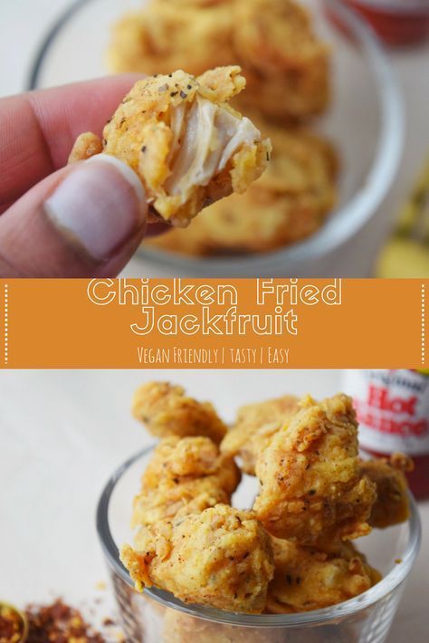 chicken fried jackfruit in a small glass dish with a bite taken out of it