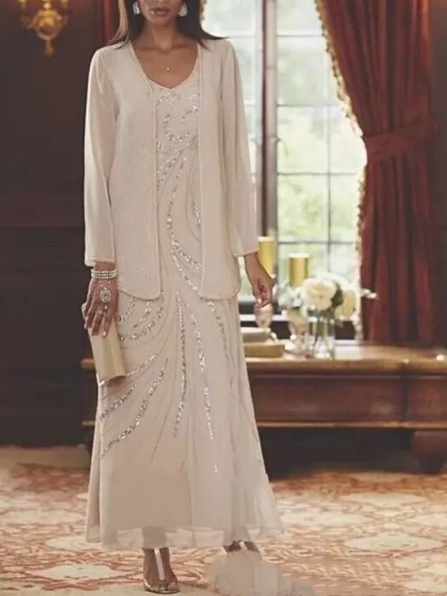 Two Piece Sheath / Column Mother of the Bride Dress Wedding Guest Sparkle & Shine Elegant V Neck Ankle Length Chiffon Sequined Long Sleeve with Sequin 2023 2023 - US $203.99 Brides Mom Dress, Formal Wedding Guests, Sukienki Plus Size, Mother Of Groom Dresses, Dress And Jacket, Mothers Dresses, Fall Wedding Dresses, Bride Clothes, Chiffon Long Sleeve