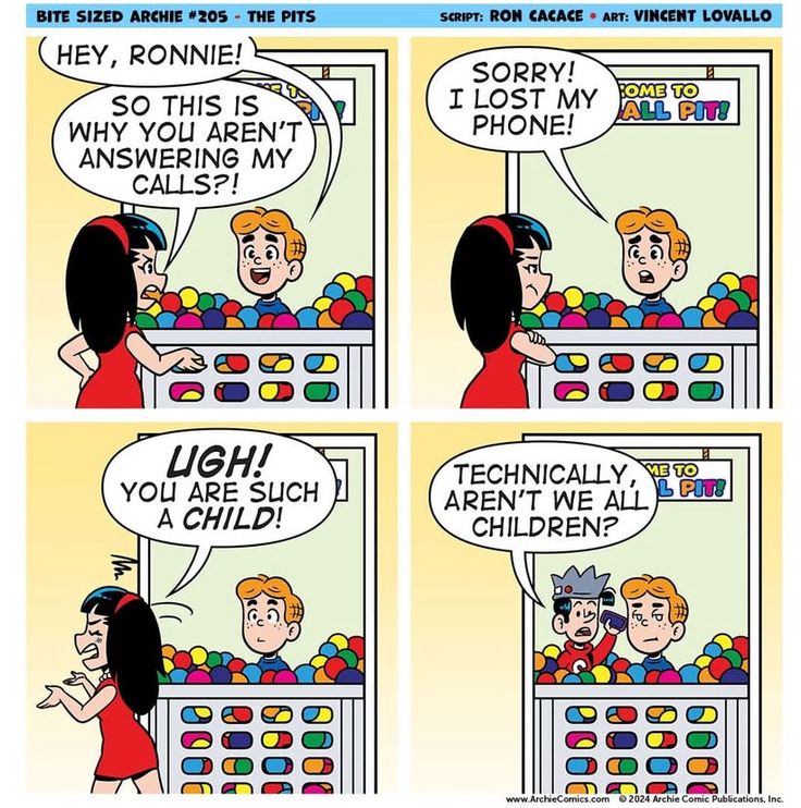 comic strip with two people talking to each other in front of a machine filled with balls