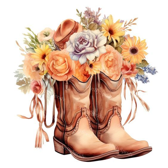 Clipart aesthetic Cowboy Boots And Flowers, Cowboy Boot Tattoo, Vintage Clip Art, Floral Boots, Boho Cowgirl, Flowers Png, Small Font, Clip Art Vintage, Clipart Design