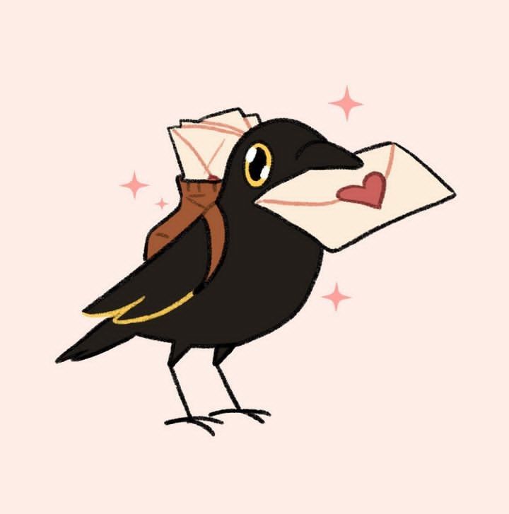 a bird with an envelope in its beak and stars on it's back ground