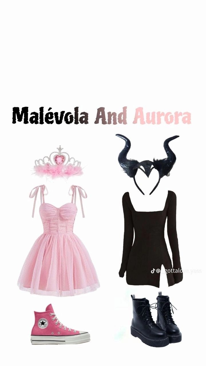 an image of some clothes and shoes with the words malevola and aurora on them