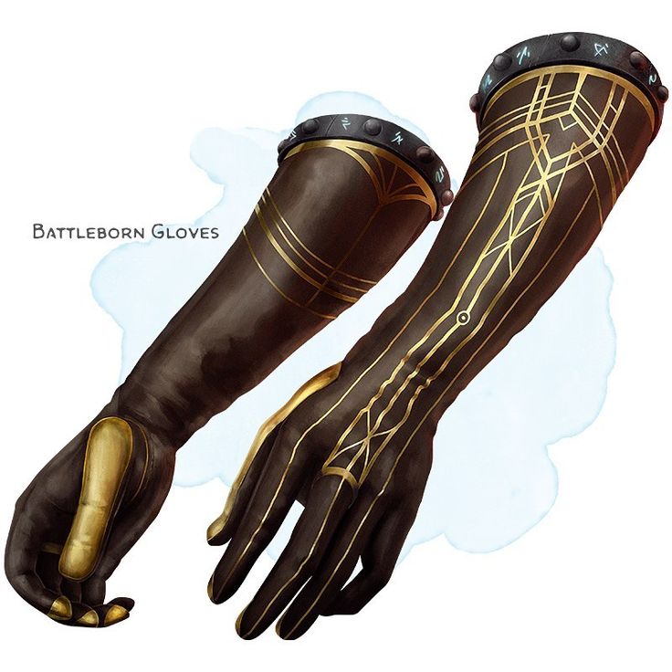 an image of a pair of gloves with gold lines on the arm and wrist, as well as text that reads battleborn gloves