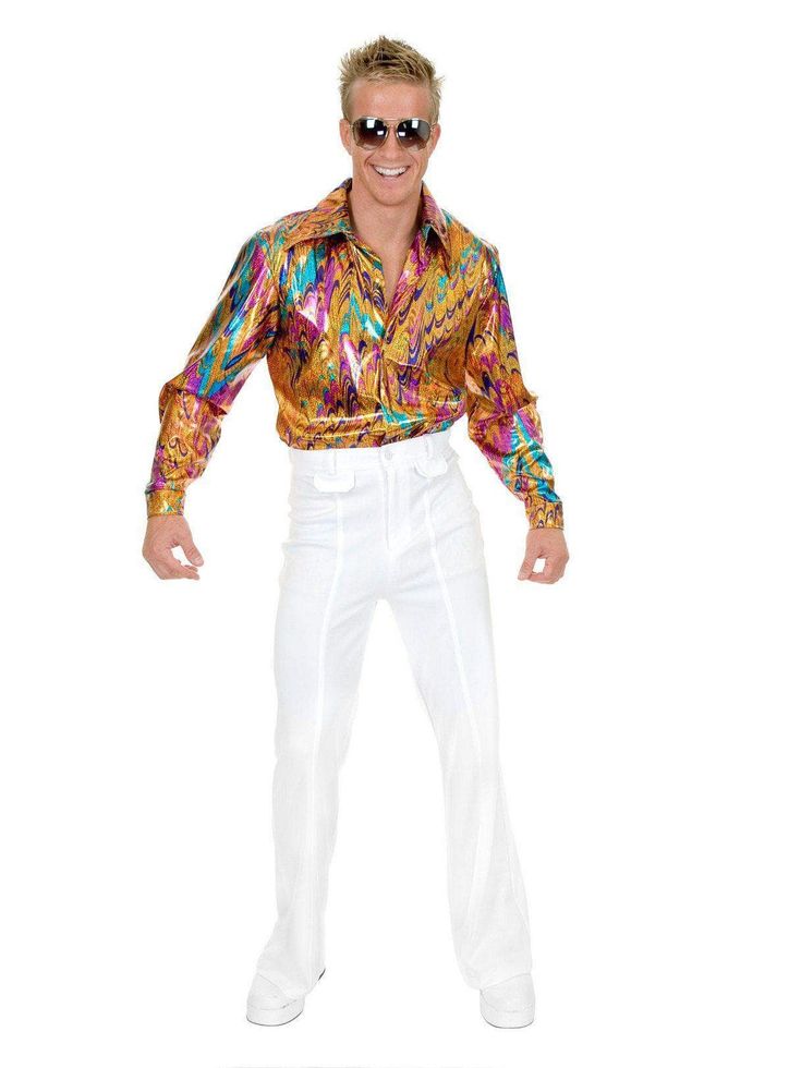 the man is wearing white pants and a colorful shirt