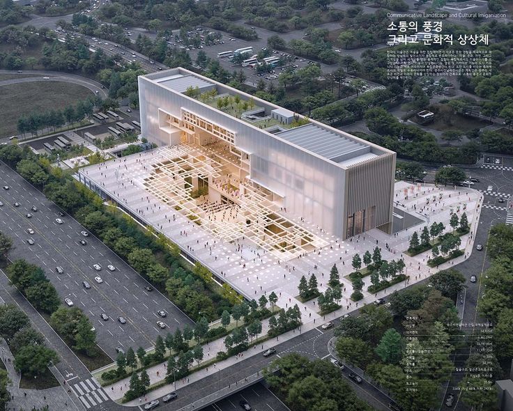 an aerial view of a building surrounded by trees