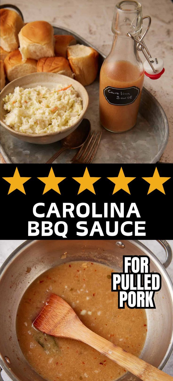 Collage of bottle of Carolina BBQ sauce at top and overhead shot of pot of BBQ sauce at bottom. Sauce For Pulled Pork, North Carolina Bbq Sauce, North Carolina Bbq, Texas Bbq Sauce, Pulled Pork Sauce, Pig Pickin, Homemade Chex Mix, Carolina Bbq, Carolina Bbq Sauce