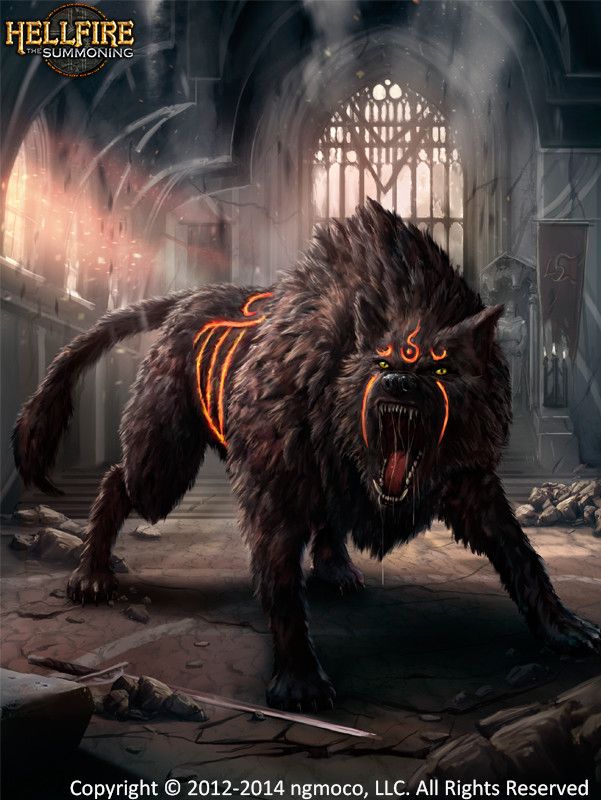 a demonic looking animal with glowing eyes and fangs on it's face, standing in an old building