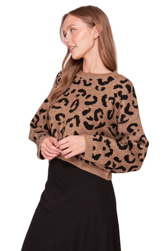 This sweater is a chic, brown knit with an eye-catching black leopard print pattern. It features a relaxed fit with a slightly cropped length, making it a trendy addition to any wardrobe. The long sleeves add a touch of coziness, perfect for cooler weather. The sweater pairs well with high-waisted jeans or skirts for a stylish, casual look. Casual Blouse Shirts, Leopard Print Pattern, Kendra Scott Necklace, Crop Blazer, Black Leopard Print, Denim Shoes, Black Leopard, Cooler Weather, Short Rompers