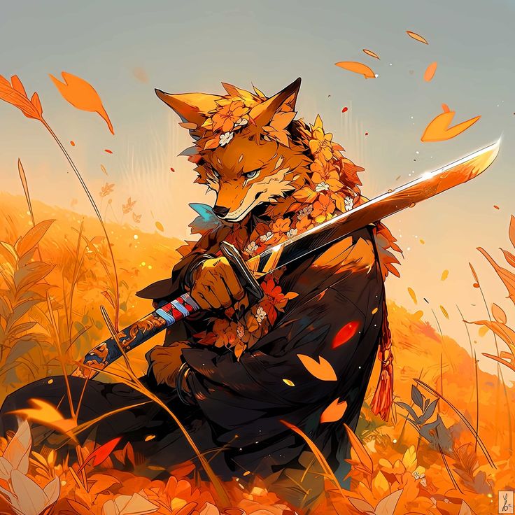 ArtStation - Sunstrike - Samurai fox - by Ybelion, Ybelion Fox Samurai Art, Anthro Fox Character Design, Samurai Animals, Humblewood Character, Kitsune Samurai, Personified Animals, Fox Samurai, Animal Samurai, Cool Samurai