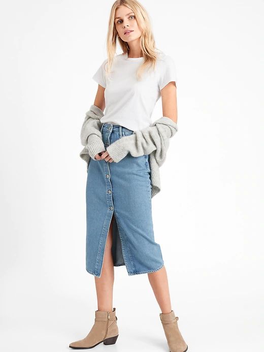 Petite Denim Midi Skirt | Banana Republic Denim Midi Skirt Outfit, Button Front Denim Skirt, Shopping Wishlist, Midi Skirt Outfit, Going Green, Denim Midi Skirt, Shopping Ideas, High Waisted Denim, Skirt Outfits