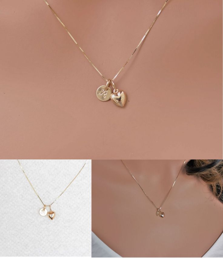 Anniversary gift for her - Anniversary gift for girlfriend - 14KT Solid Gold Heart Necklace- Gift for wife from husband- Gift for girlfriend Expecting Mother Gifts, Heart Pendent, Tiny Heart Necklace, Real Gold Chains, South San Francisco, Necklace Initial, Solid Gold Necklace, Heart Pendant Gold, Puffed Heart