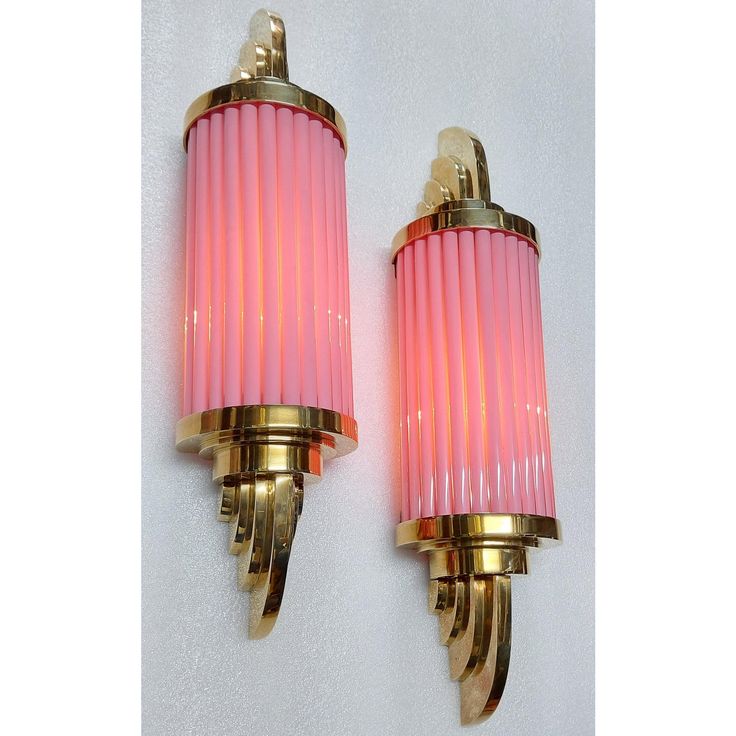 Pair Skyscraper Vintage 1940s Art Deco Wall Sconces Fixture Brass & Pink Glass Rod Ship Light | Chairish Funky Retro Decor, Art Deco Wall Sconces, Ship Light, Funky House, 1940s Art Deco, Lover Aesthetic, 1940s Art, Art Deco Pink, Deco Wall