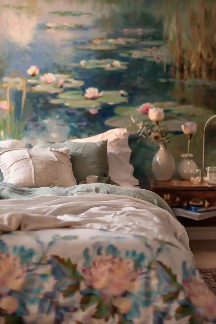 there is a bed with flowers and water lilies on the wall next to it