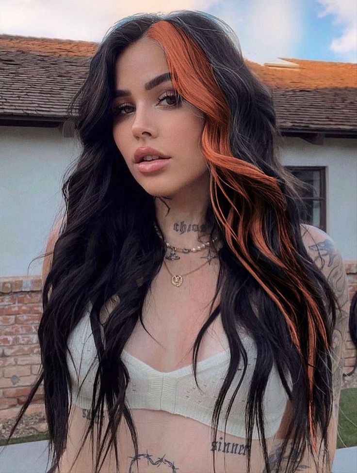 Hand Painting Hair Color, Colour Block Hair Ideas, Fall Brunette Hair Color Money Piece, Hair Colour Blocking Ideas, Brunette Hair With Rose Gold Peekaboo, Black Hair With Brown Front Pieces, Hair Dye Ideas Red And Brown, Copper And Brown Split Dye, Dark Split Dyed Hair