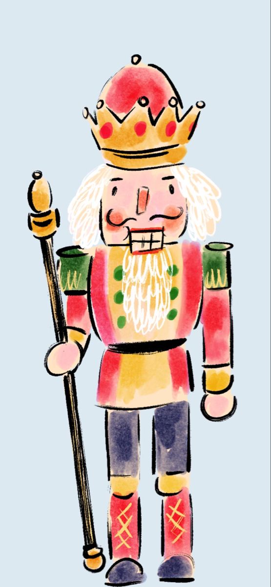 a drawing of a nutcracker wearing a crown and holding a cane in his hand