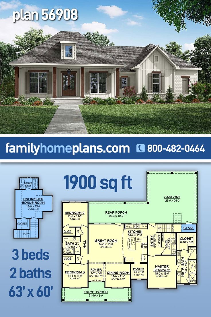 two story house plan with 3 beds and 2 baths