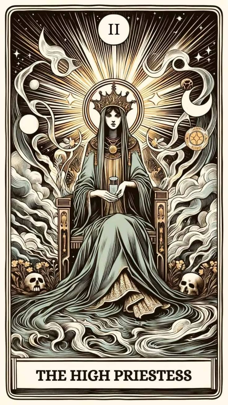 the high priestess tarot card with an image of a woman sitting on a throne