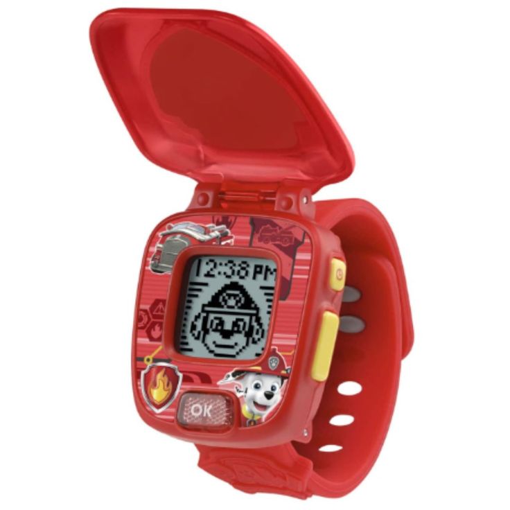 a red digital watch with cartoon characters on the face and wristbands is shown in front of a white background