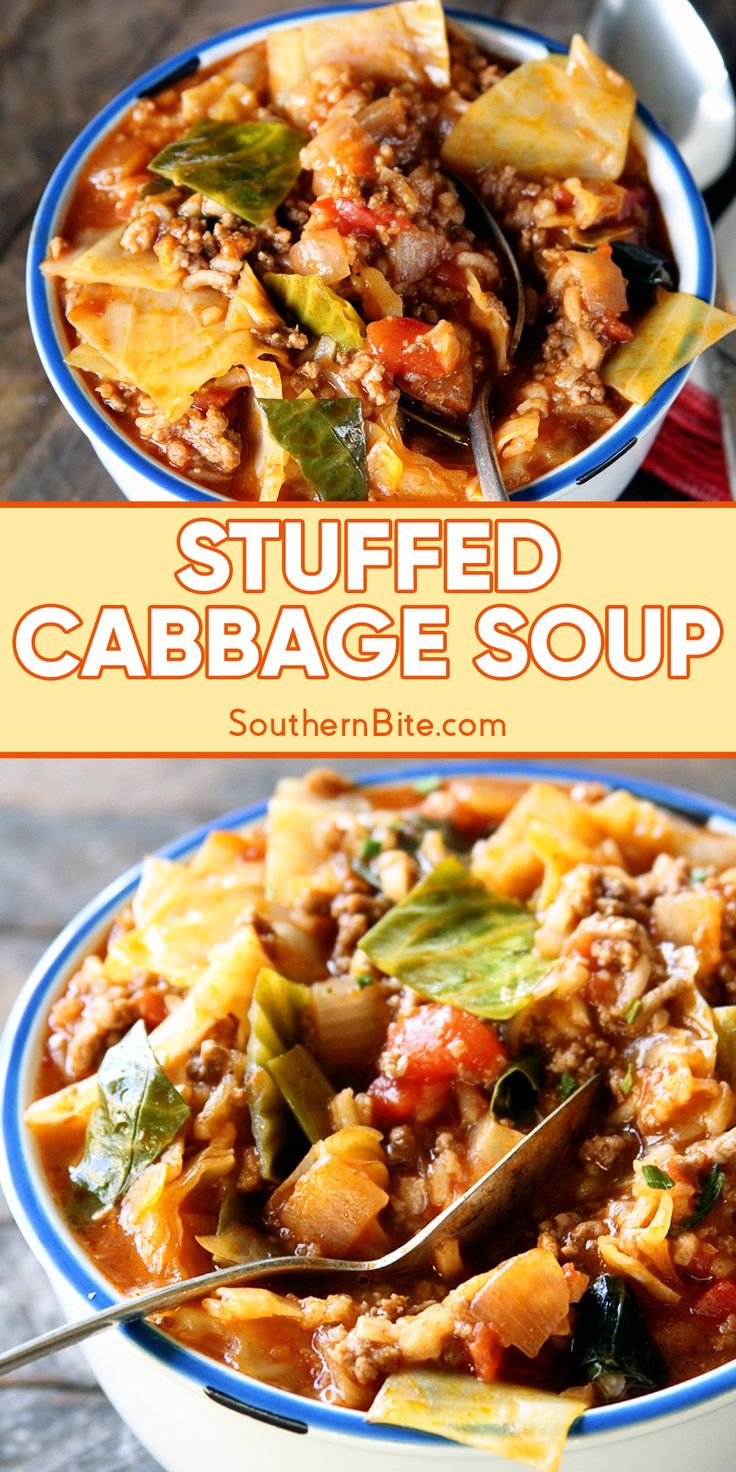 two bowls filled with stuffed cabbage soup on top of a wooden table