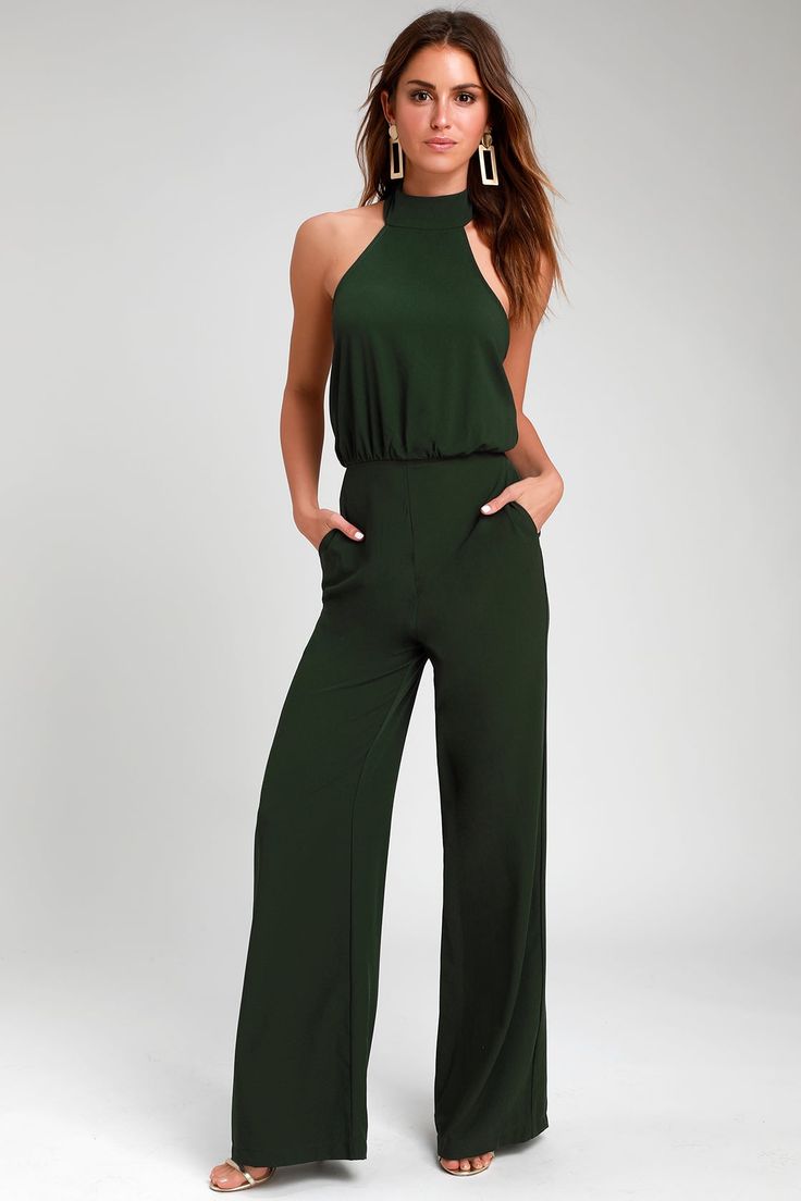 Hunter Green Jumpsuit, Green Jumpsuit Outfit, Emerald Green Outfit, Emerald Green Jumpsuit, Lulu Pants, Wedding Jumpsuit, Jumpsuit Dressy, Halter Jumpsuit, Designer Jumpsuits