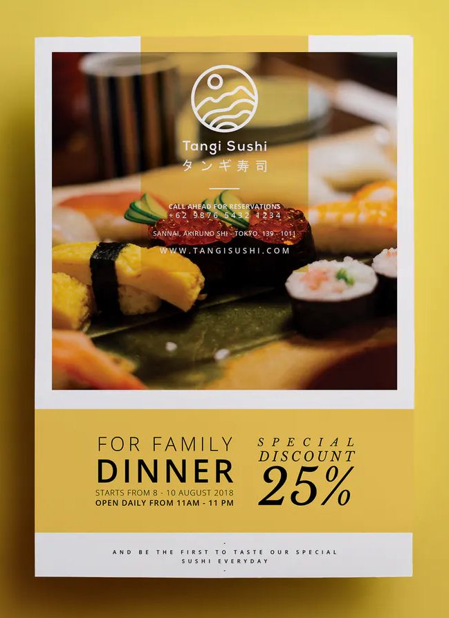 an advertisement for a sushi restaurant on a yellow background with the words dinner special