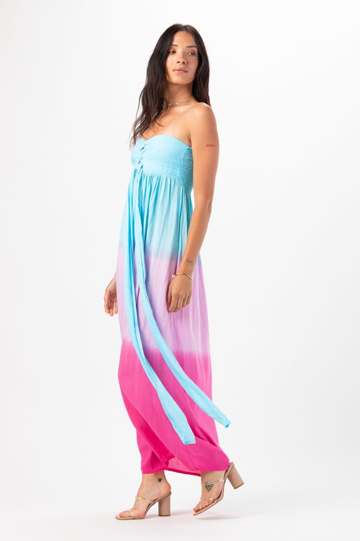 You are ready to take on the sunshine in our Jasmine Maxi Dress. This strapless wonder is a Tiare Hawaii staple, featuring a delicate strapless bodice and floor length flowing fabric. Take Jasmine with you wherever you go, from vacation to a sunny outdoor wedding, she is easily dressed up or down. Details: 100% Rayon Hand wash cold & Lay flat to dry Features: Unlined, Strapless bodice, Delicately folded fabric details, Self tie straps for customizable fit ﻿Measurements: 48.5"in length, 15" bodic Violet Ombre, Folded Fabric, Flowing Fabric, Dress 16, Fabric Details, The Sunshine, Outdoor Wedding, Lay Flat, Floor Length