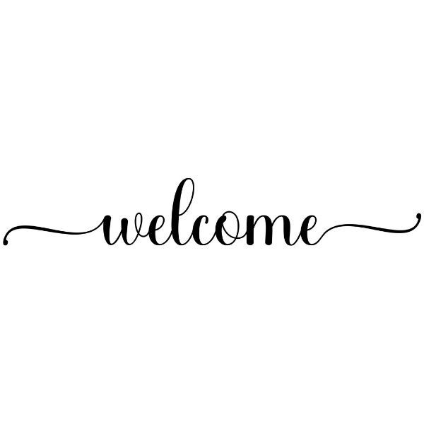 the word welcome written in cursive writing on a white background with black ink