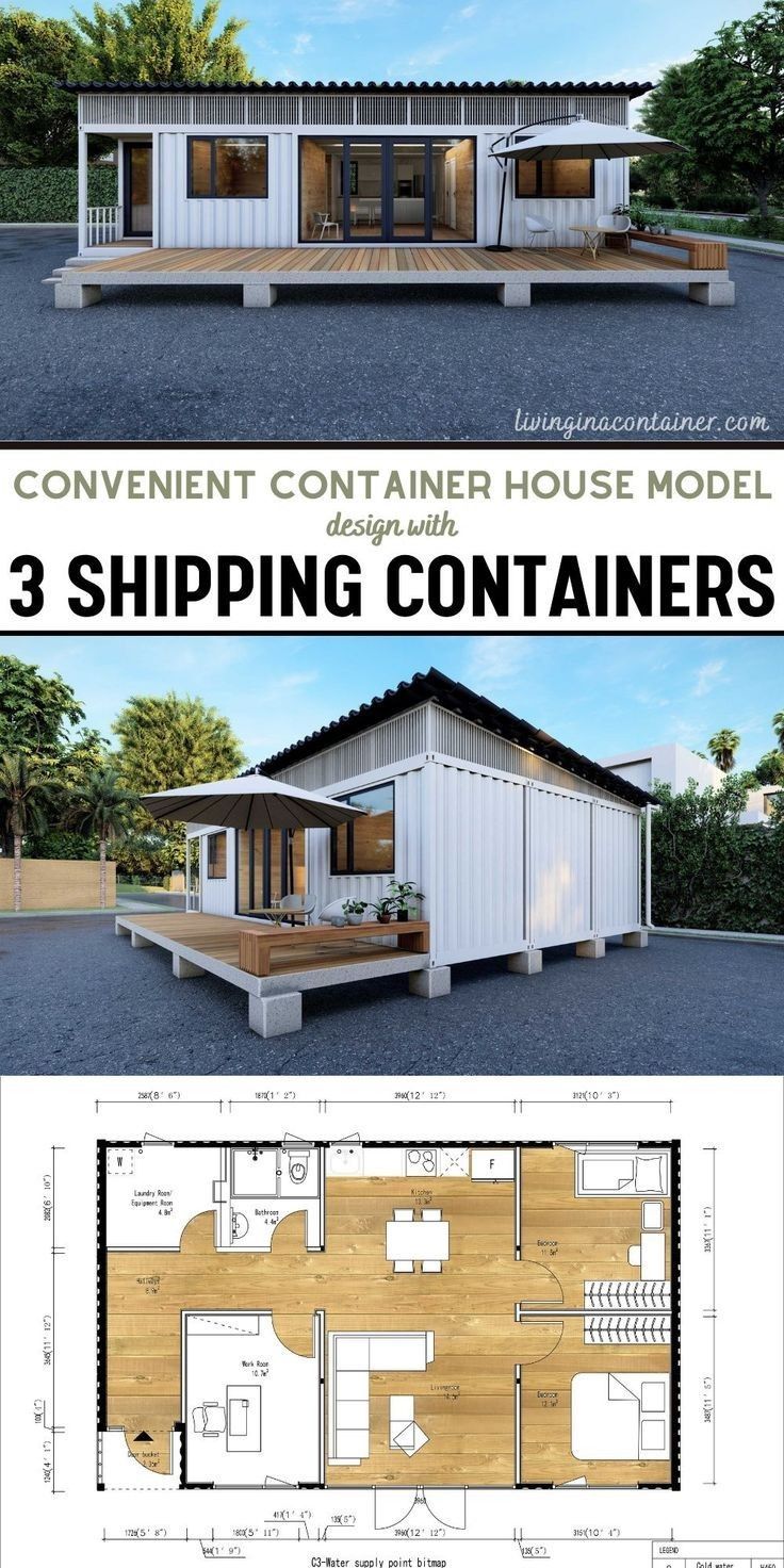 three shipping containers are shown with the floor plan for each container, and one is open to