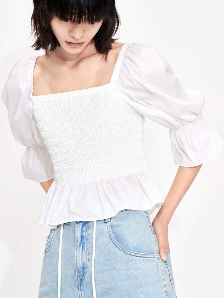 MO&Co. Women's Gathered Front Smocked Top Features : - Ruffled puff sleeves and hem- Squared neckline and smocked design- Open back with self-tie detail Code: MBC2TOPT09The back length of size S is 30.5cmMATERIALS & CARE Material: 69% Cotton 26.7% Polyamide 4.3% SpandexOur sizes might be a little different from US/EU sizes. Please check the size chart and choose your size based on your body measurement and preferred style.REMINDER: All items are measured manually. Please note that it's reasonabl Squared Neckline, Women Gathering, Body Measurement, Smocked Top, Top For Summer, White Top, Body Measurements, White Tops, Puff Sleeves