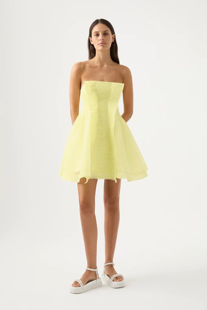 Astrid Strapless Mini Dress | Soft Lemon Yellow | Aje Green Yellow Dress, Dress Hire, Dress Pleated, Line Shopping, Yes To The Dress, Denim Accessories, Strapless Mini Dress, Lemon Yellow, White Maxi Dresses