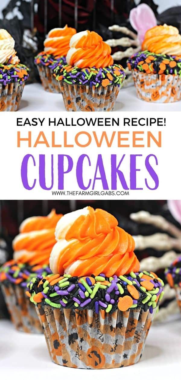 halloween cupcakes with orange frosting and sprinkles on the top