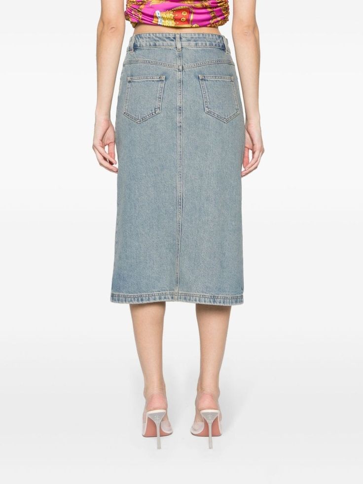 Moschino Teddy Bear-button Denim Midi Skirt - Farfetch Mid-rise Blue Denim Skirt With Pockets, Knee-length Denim Blue Relaxed Skirt, Blue Cotton Knee-length Denim Skirt, Luxury Mid-rise Denim Blue Denim Skirt, Blue Non-stretch Denim Skirt With Button Closure, Moschino Teddy Bear, Button Up Skirts, Cerulean Blue, Yoko London