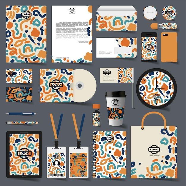 an assortment of stationery items designed to look like abstract designs and shapes, including the logo