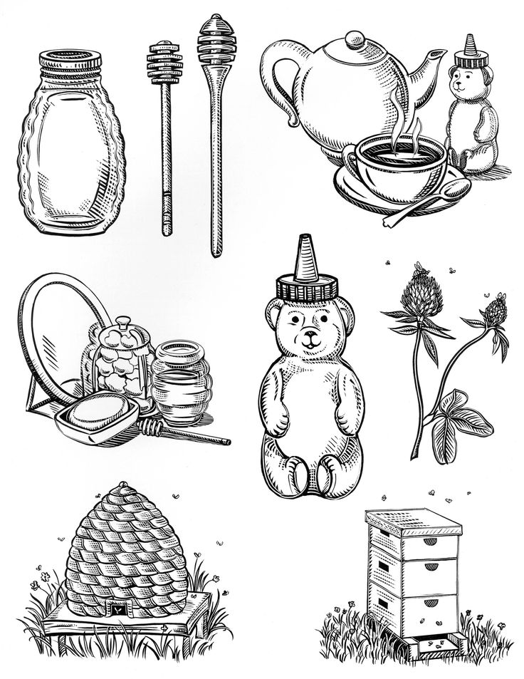 a drawing of various items that include honey, beehive and honeycombs