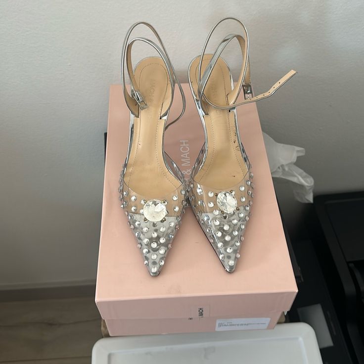 Silver Leather Crystal Embellished Heel. Size 37. Worn 1 Night, Great Condition. Embellished Heels, Shoes Women Heels, Shoes Heels, Size 7, Women Shoes, Crystals, Heels, Silver, Leather