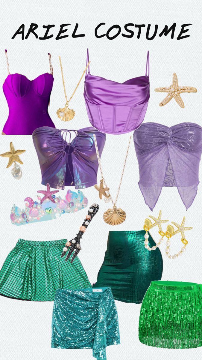 four different styles of skirts and bras with the words ariel costume written below them