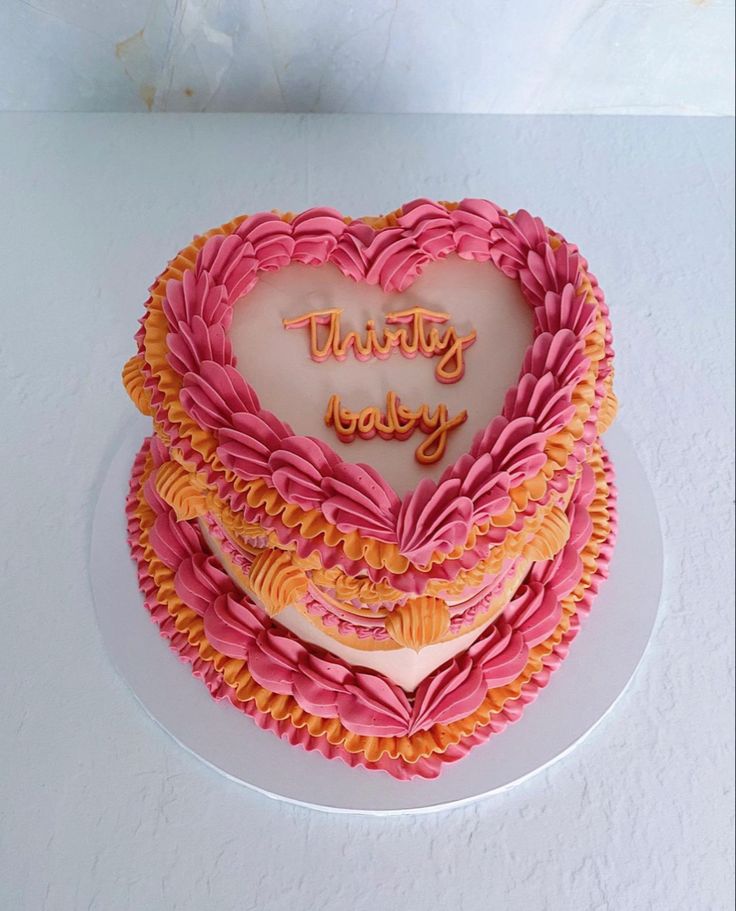 Small pink and orange heart shaped vintage birthday cake for 30th birthday 30th Birthday Cake Women, 0-30 Real Quick Birthday, 30th Cake Ideas, 30 Cake Birthday For Women, 30th Birthday Ideas For Women Cake, 30 Birthday Cakes For Women, 30th Cake Ideas For Women, 23 Heart Birthday Cake, 30th Birthday Cakes Ideas For Women