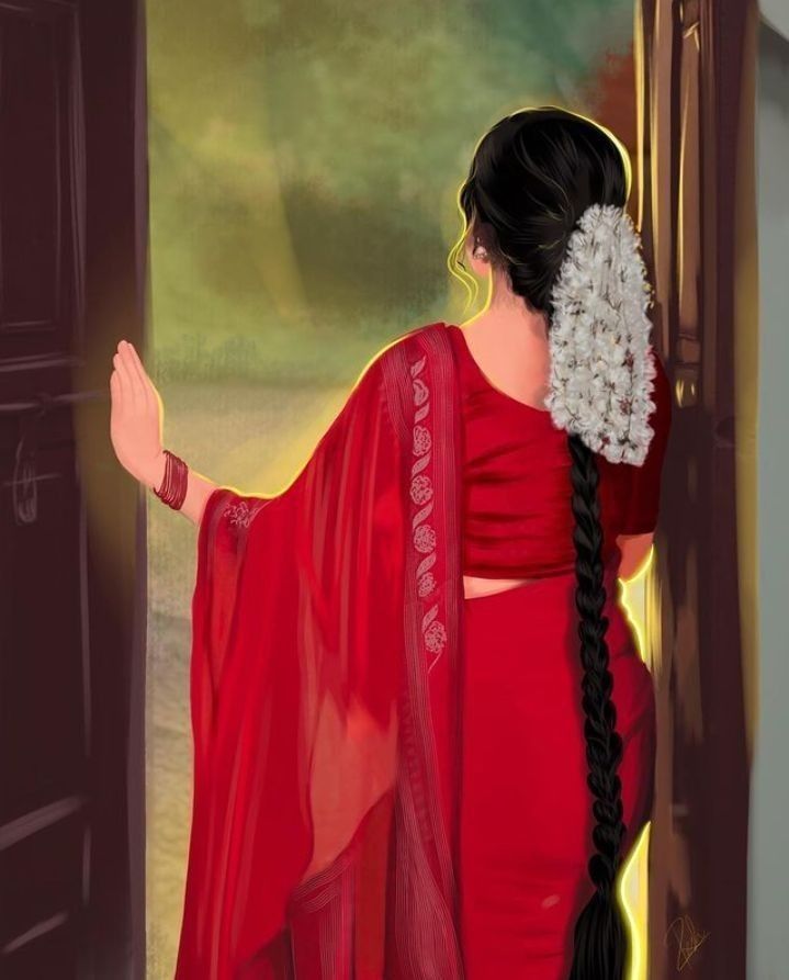 a painting of a woman in a red dress with long braids looking out an open door