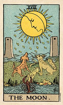 the moon tarot card with two cats and a dog on it's back