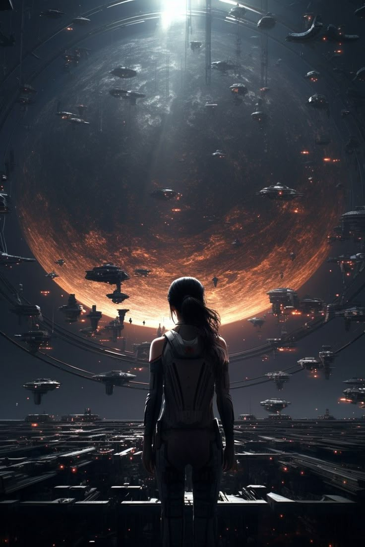 a woman standing in front of a large space filled with spaceships and other objects