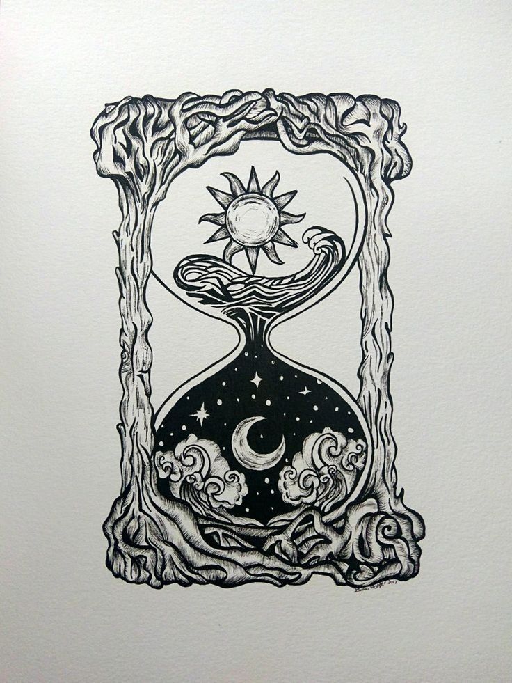 a drawing of an hourglass with the sun and moon in it's center