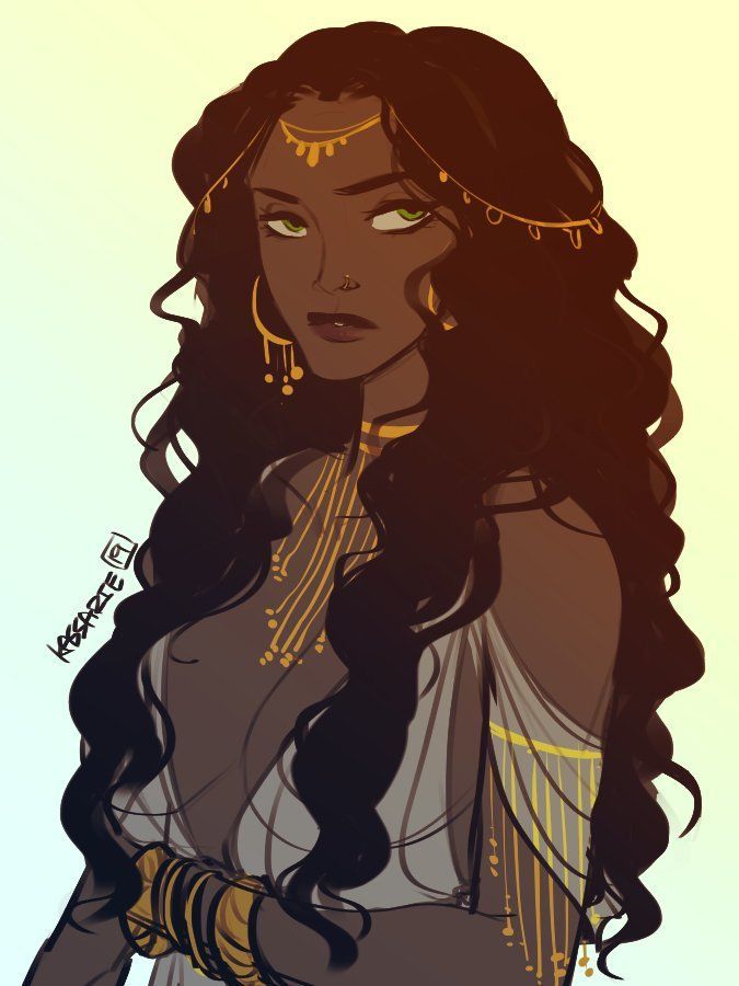 a drawing of a woman with long black hair and gold jewelry on her neck,