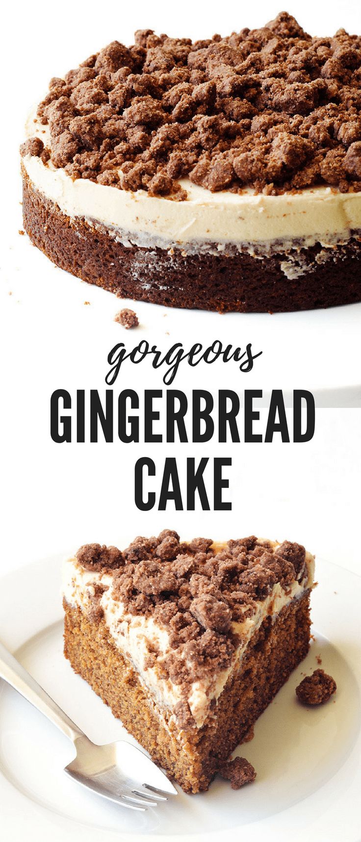 two different types of gingerbread cake on white plates with text overlay that reads, gorgeous gingerbread cake