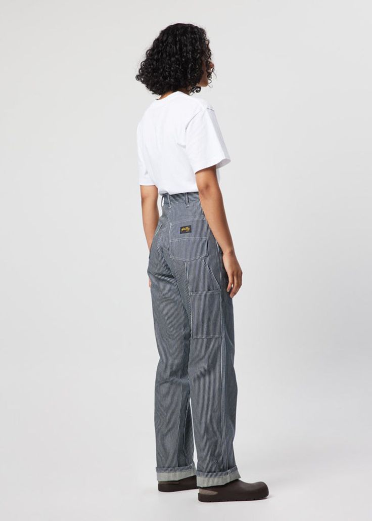 Hickory stripe 80's painter pant round back pocket By Stan Ray Pin Stripe Work Pants, Striped Carpenter Pants Outfit, Painter Pants Outfits Women, Railroad Stripe Pants Outfit, Painters Pants Outfit, Utility Pants Outfit Street Style, Painter Pants Outfit, How To Style Striped Pants, Hickory Stripe Pants