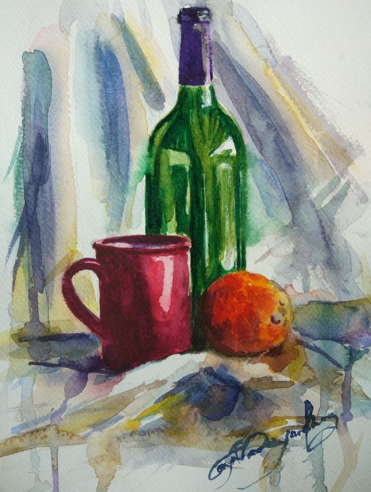 a painting of a bottle, mug and orange on a table