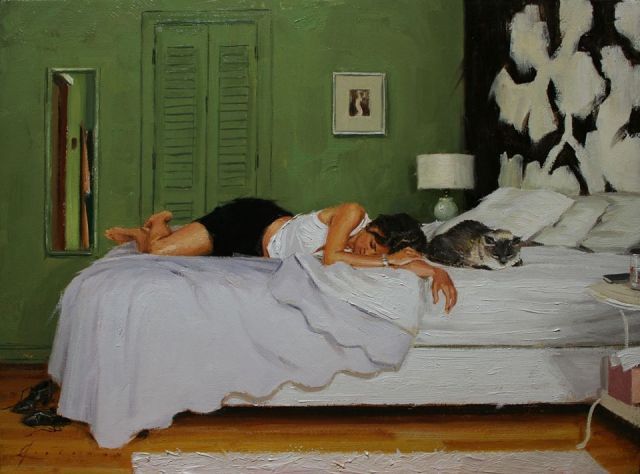 a painting of a woman laying on a bed with a cat sleeping next to her